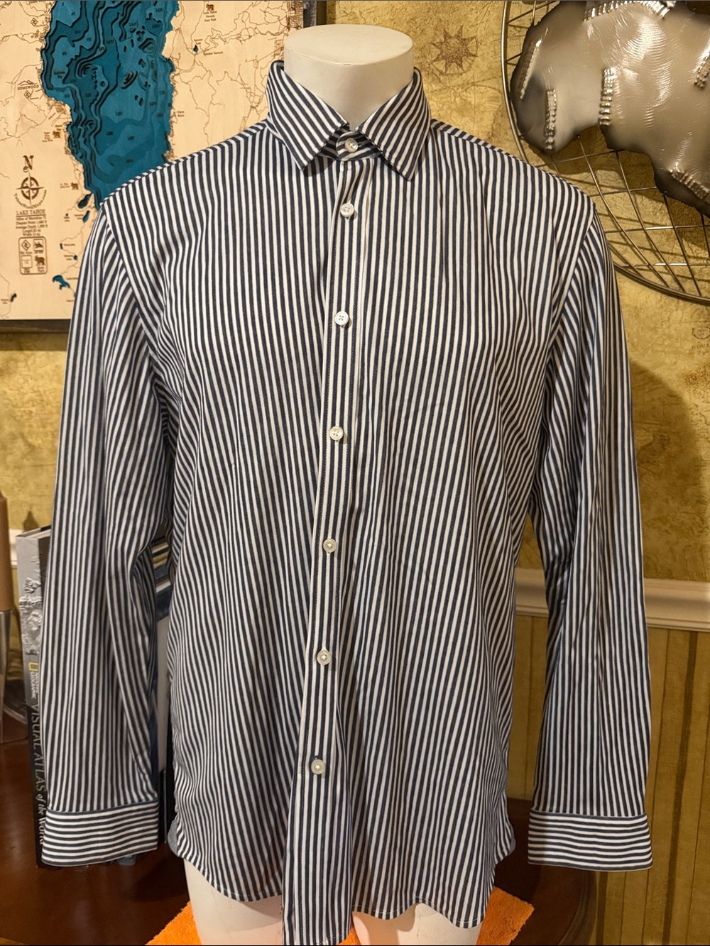 Boss Hugo Boss Navy and White Vertical Stripe Dress Shirt. Stretch NWOT. XXL